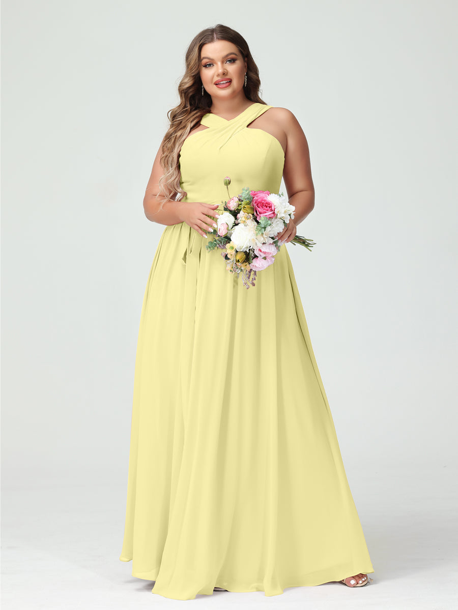 A-Line/Princess/Princess Criss Cross Sleeveless Chiffon Plus Size Bridesmaid Dresses with Sash