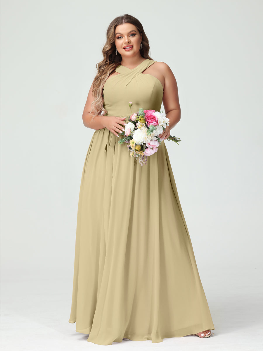 A-Line/Princess/Princess Criss Cross Sleeveless Chiffon Plus Size Bridesmaid Dresses with Sash