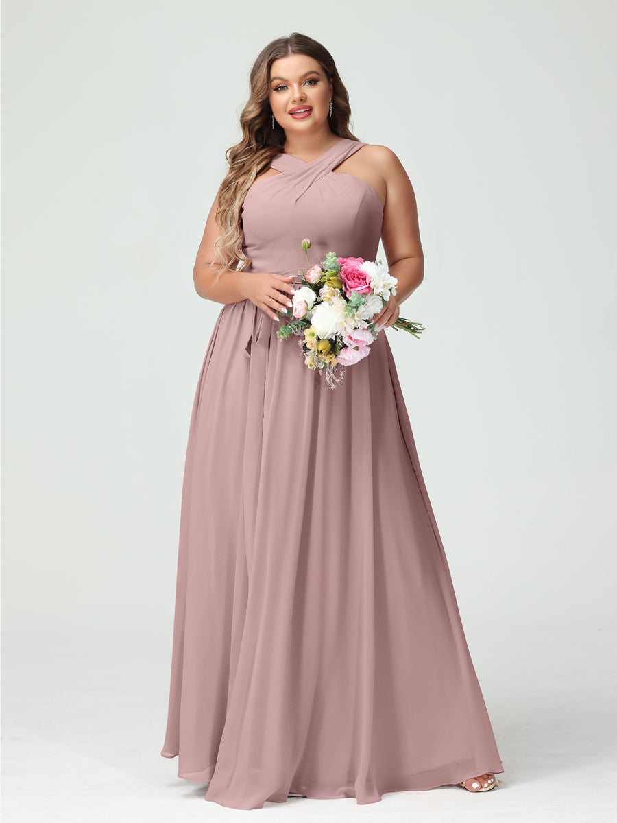 A-Line/Princess/Princess Criss Cross Sleeveless Chiffon Plus Size Bridesmaid Dresses with Sash