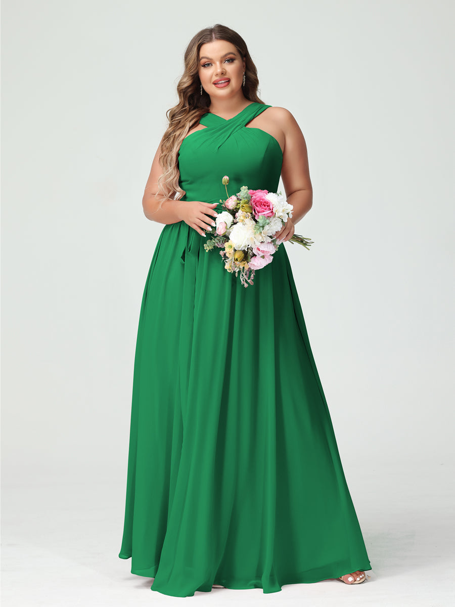 A-Line/Princess/Princess Criss Cross Sleeveless Chiffon Plus Size Bridesmaid Dresses with Sash