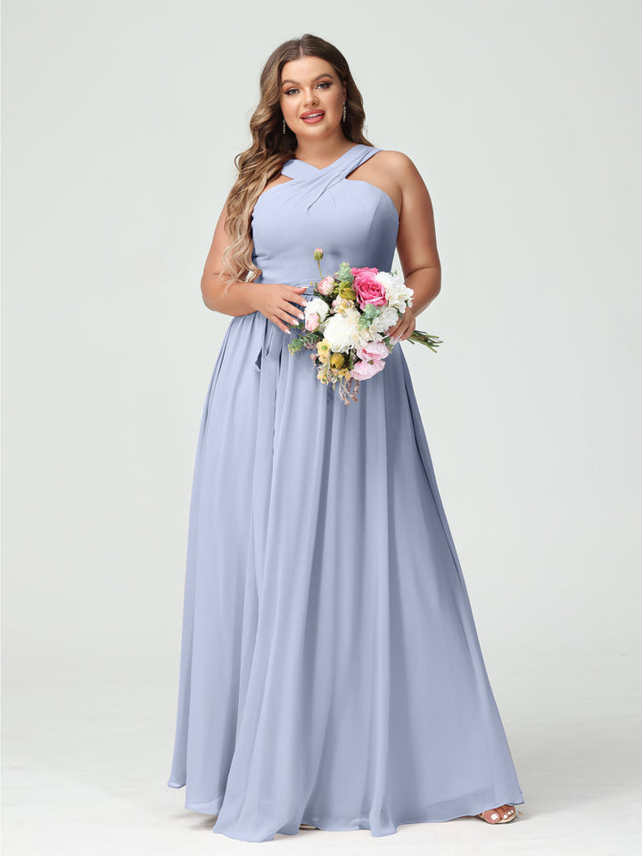 A-Line/Princess/Princess Criss Cross Sleeveless Chiffon Plus Size Bridesmaid Dresses with Sash