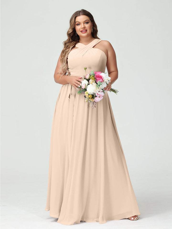 A-Line/Princess/Princess Criss Cross Sleeveless Chiffon Plus Size Bridesmaid Dresses with Sash