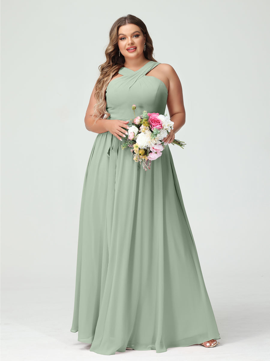 A-Line/Princess/Princess Criss Cross Sleeveless Chiffon Plus Size Bridesmaid Dresses with Sash