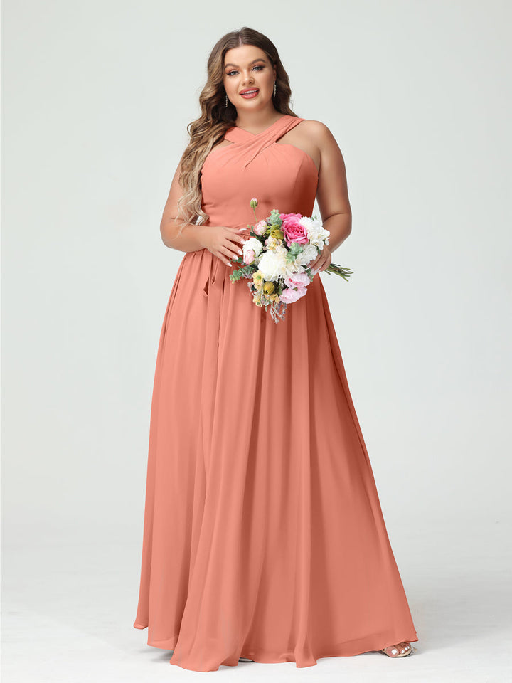 A-Line/Princess/Princess Criss Cross Sleeveless Chiffon Plus Size Bridesmaid Dresses with Sash