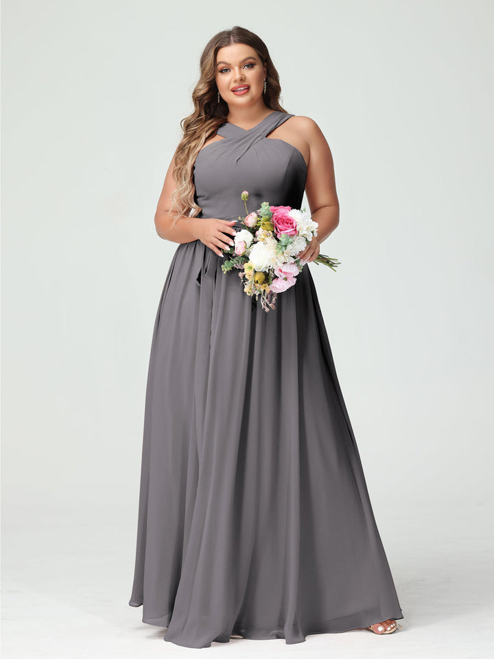 A-Line/Princess/Princess Criss Cross Sleeveless Chiffon Plus Size Bridesmaid Dresses with Sash