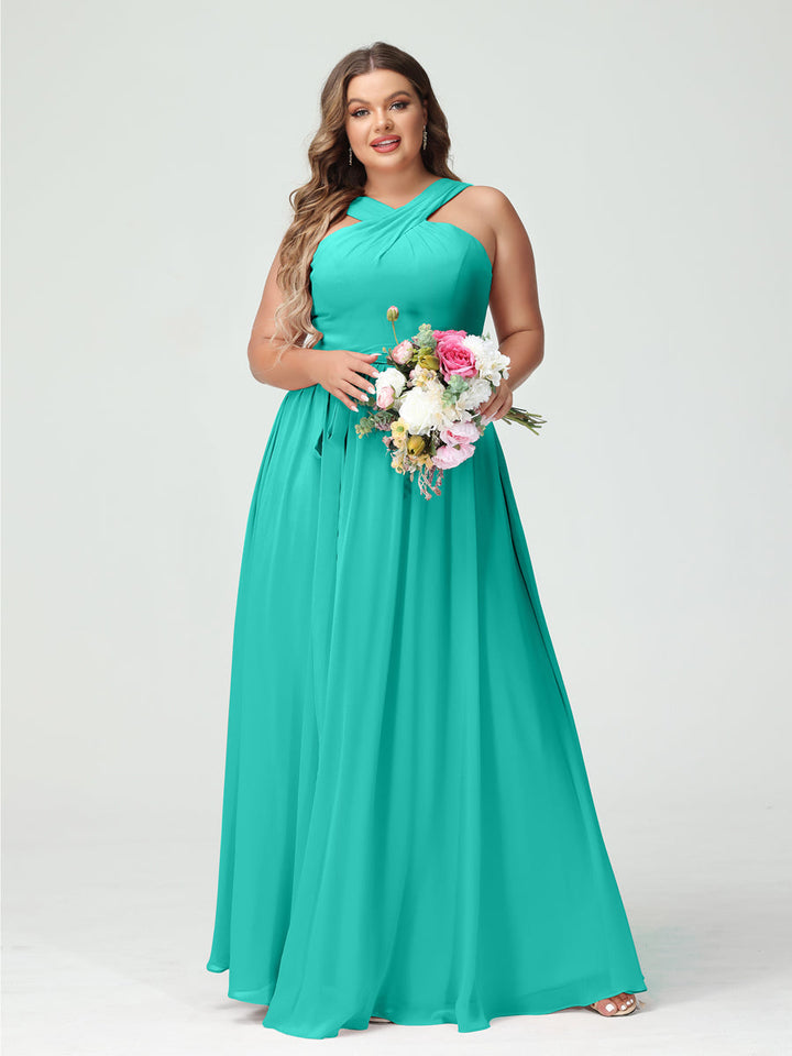 A-Line/Princess/Princess Criss Cross Sleeveless Chiffon Plus Size Bridesmaid Dresses with Sash