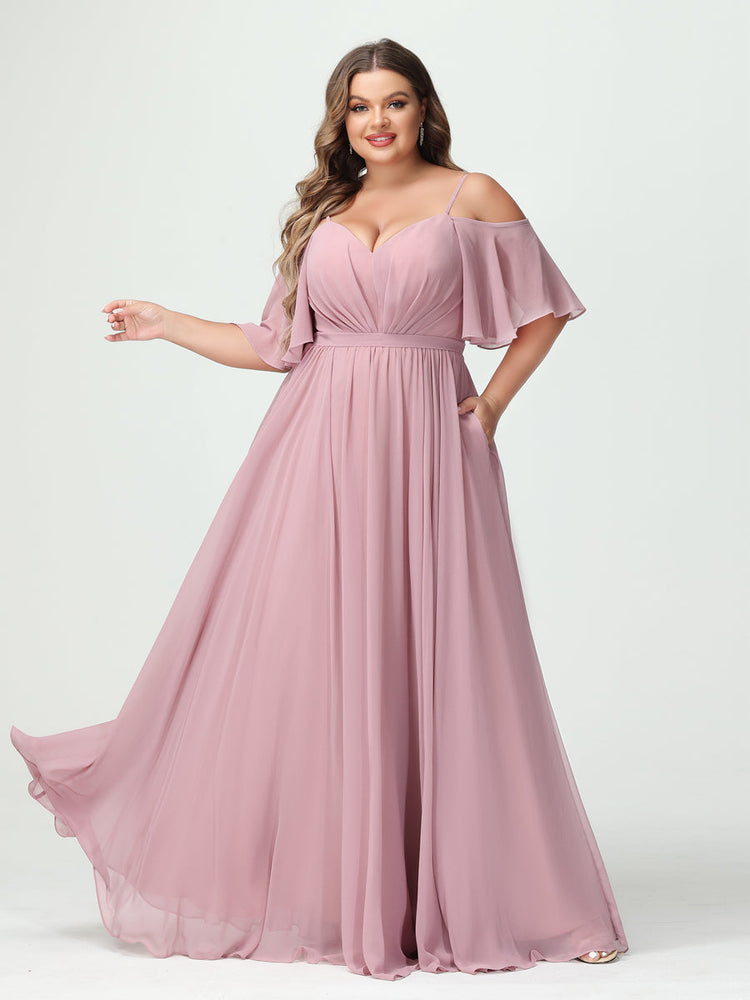 A-Line/Princess/Princess Spaghetti Straps Half Sleeves Chiffon Plus Size Bridesmaid Dresses with Pockets