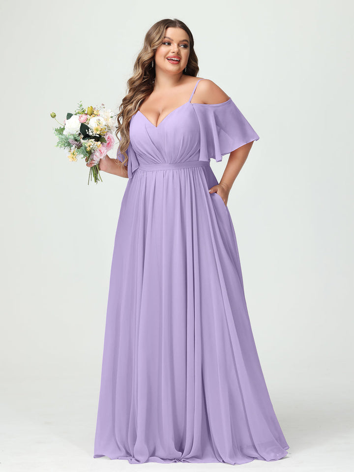 A-Line/Princess/Princess Spaghetti Straps Half Sleeves Chiffon Plus Size Bridesmaid Dresses with Pockets