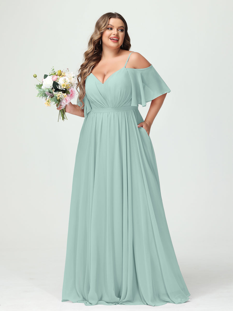 A-Line/Princess/Princess Spaghetti Straps Half Sleeves Chiffon Plus Size Bridesmaid Dresses with Pockets