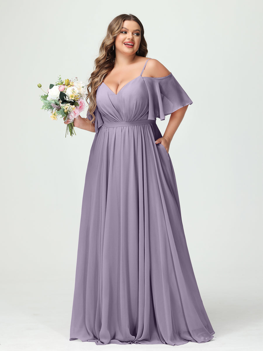 A-Line/Princess/Princess Spaghetti Straps Half Sleeves Chiffon Plus Size Bridesmaid Dresses with Pockets