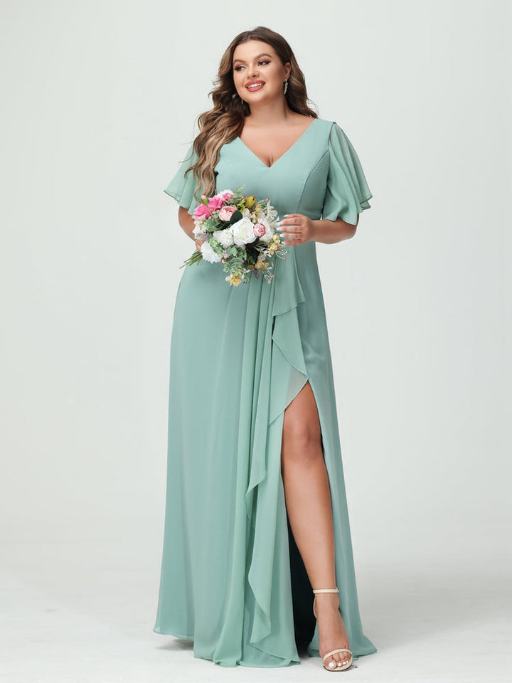 A-Line/Princess/Princess V-Neck Half Sleeves Chiffon Plus Size Bridesmaid Dresses with Split Side & Ruffles