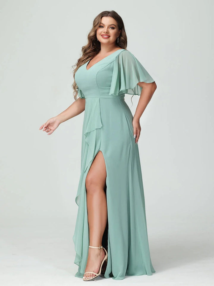 A-Line/Princess/Princess V-Neck Half Sleeves Chiffon Plus Size Bridesmaid Dresses with Split Side & Ruffles