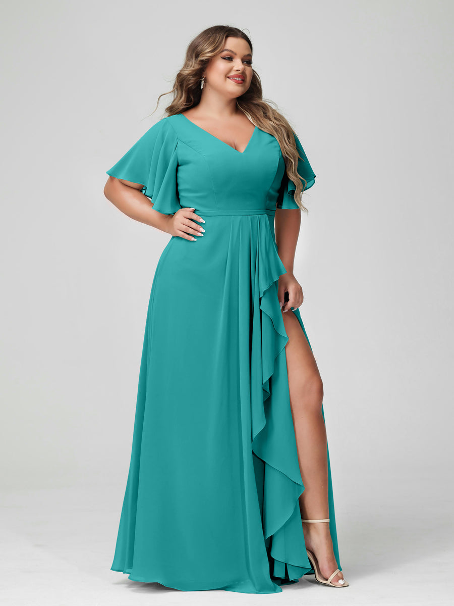 A-Line/Princess/Princess V-Neck Half Sleeves Chiffon Plus Size Bridesmaid Dresses with Split Side & Ruffles