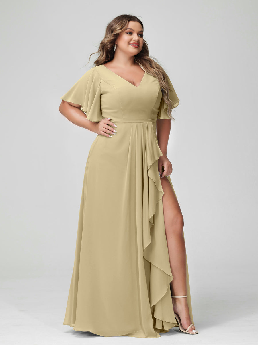 A-Line/Princess/Princess V-Neck Half Sleeves Chiffon Plus Size Bridesmaid Dresses with Split Side & Ruffles