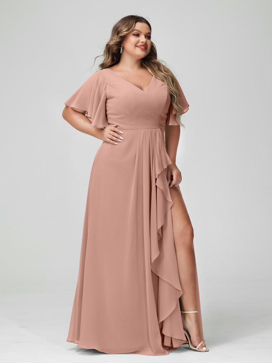 A-Line/Princess/Princess V-Neck Half Sleeves Chiffon Plus Size Bridesmaid Dresses with Split Side & Ruffles