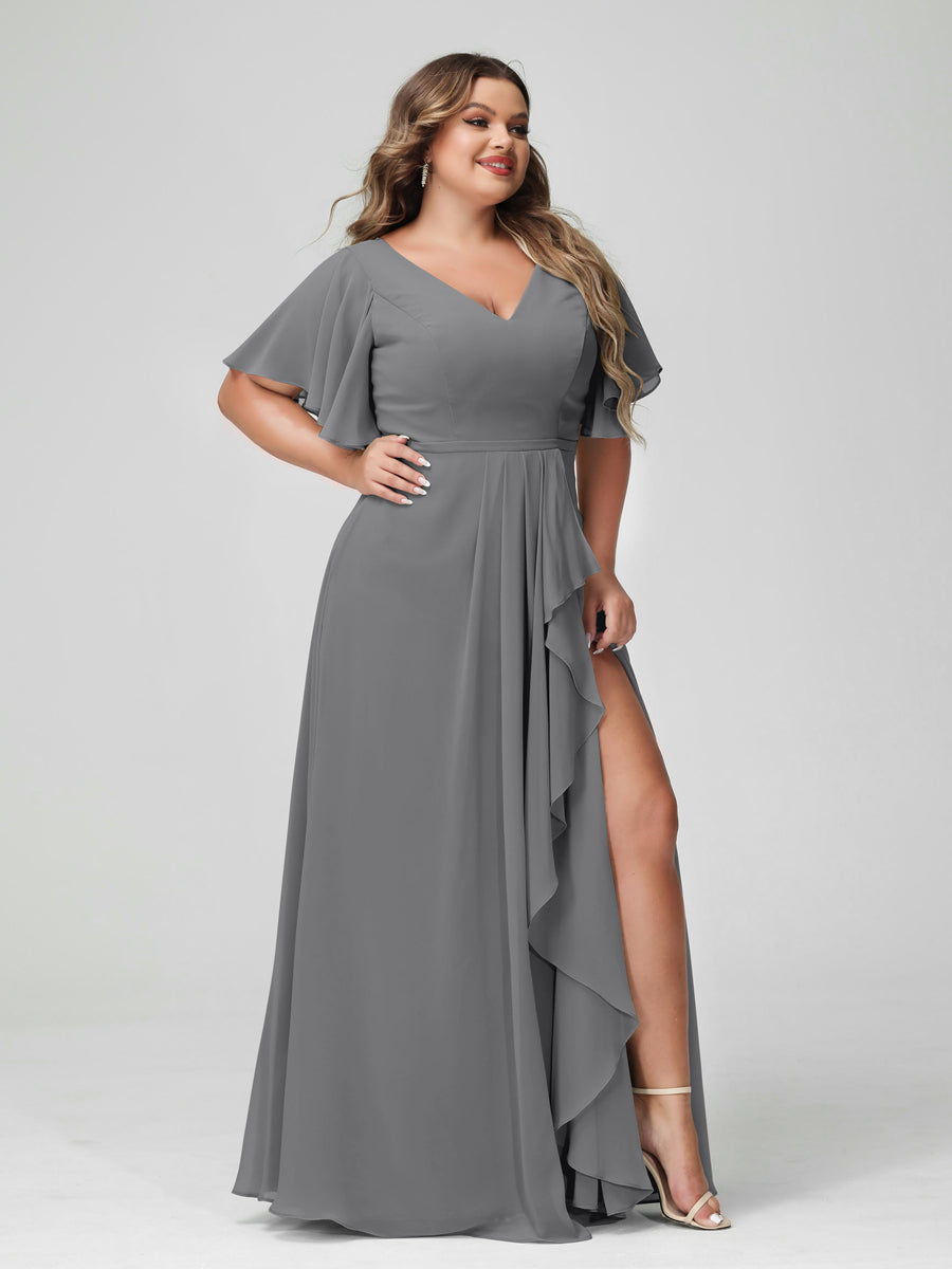 A-Line/Princess/Princess V-Neck Half Sleeves Chiffon Plus Size Bridesmaid Dresses with Split Side & Ruffles