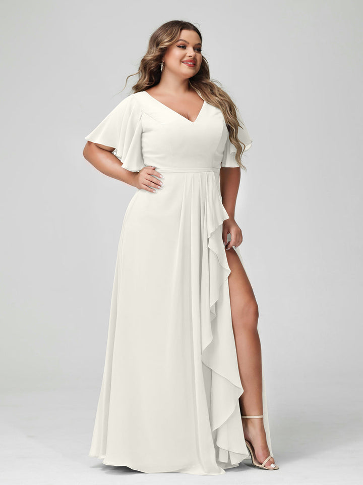 A-Line/Princess/Princess V-Neck Half Sleeves Chiffon Plus Size Bridesmaid Dresses with Split Side & Ruffles