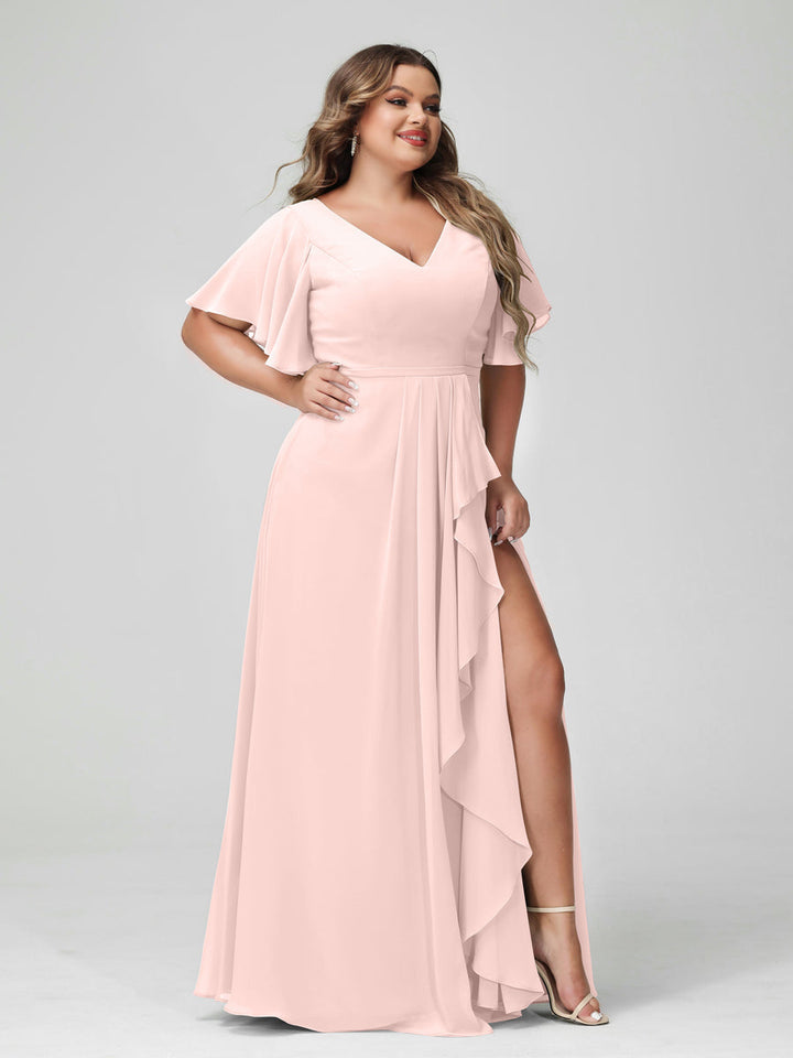 A-Line/Princess/Princess V-Neck Half Sleeves Chiffon Plus Size Bridesmaid Dresses with Split Side & Ruffles