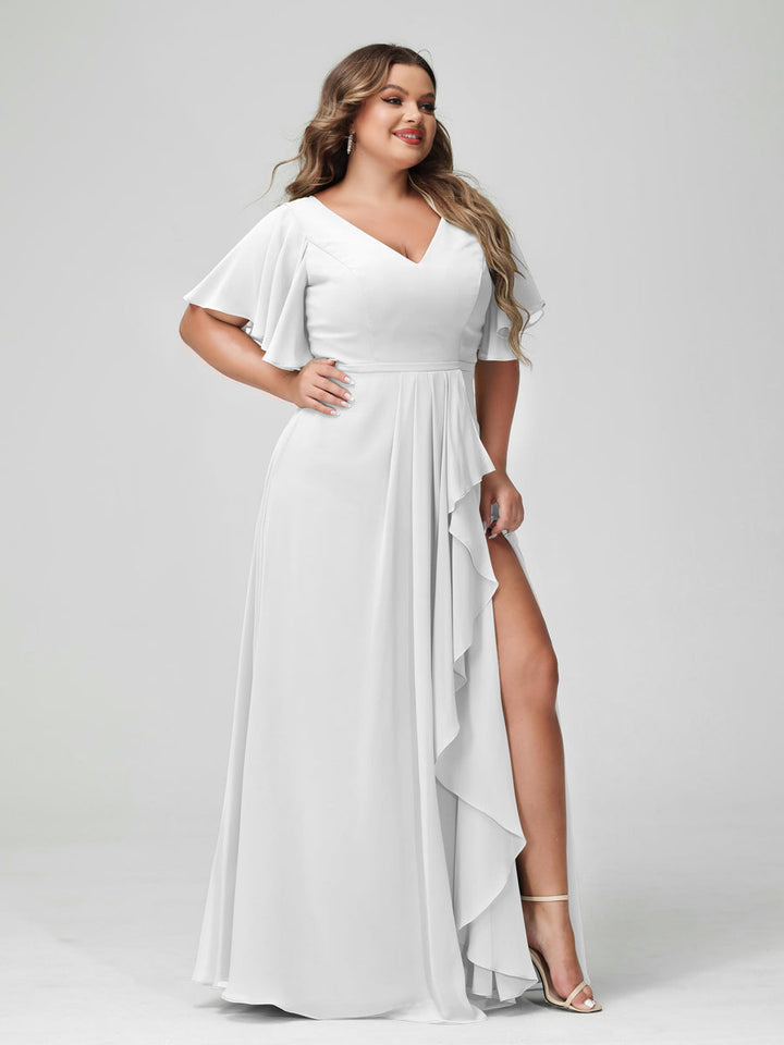 A-Line/Princess/Princess V-Neck Half Sleeves Chiffon Plus Size Bridesmaid Dresses with Split Side & Ruffles