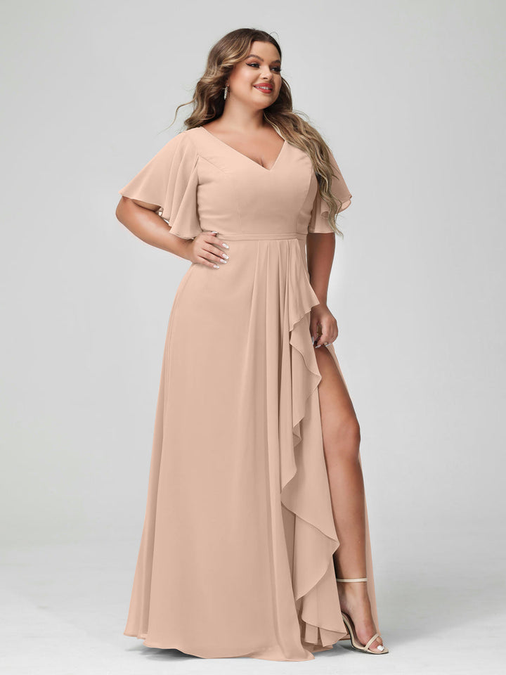 A-Line/Princess/Princess V-Neck Half Sleeves Chiffon Plus Size Bridesmaid Dresses with Split Side & Ruffles