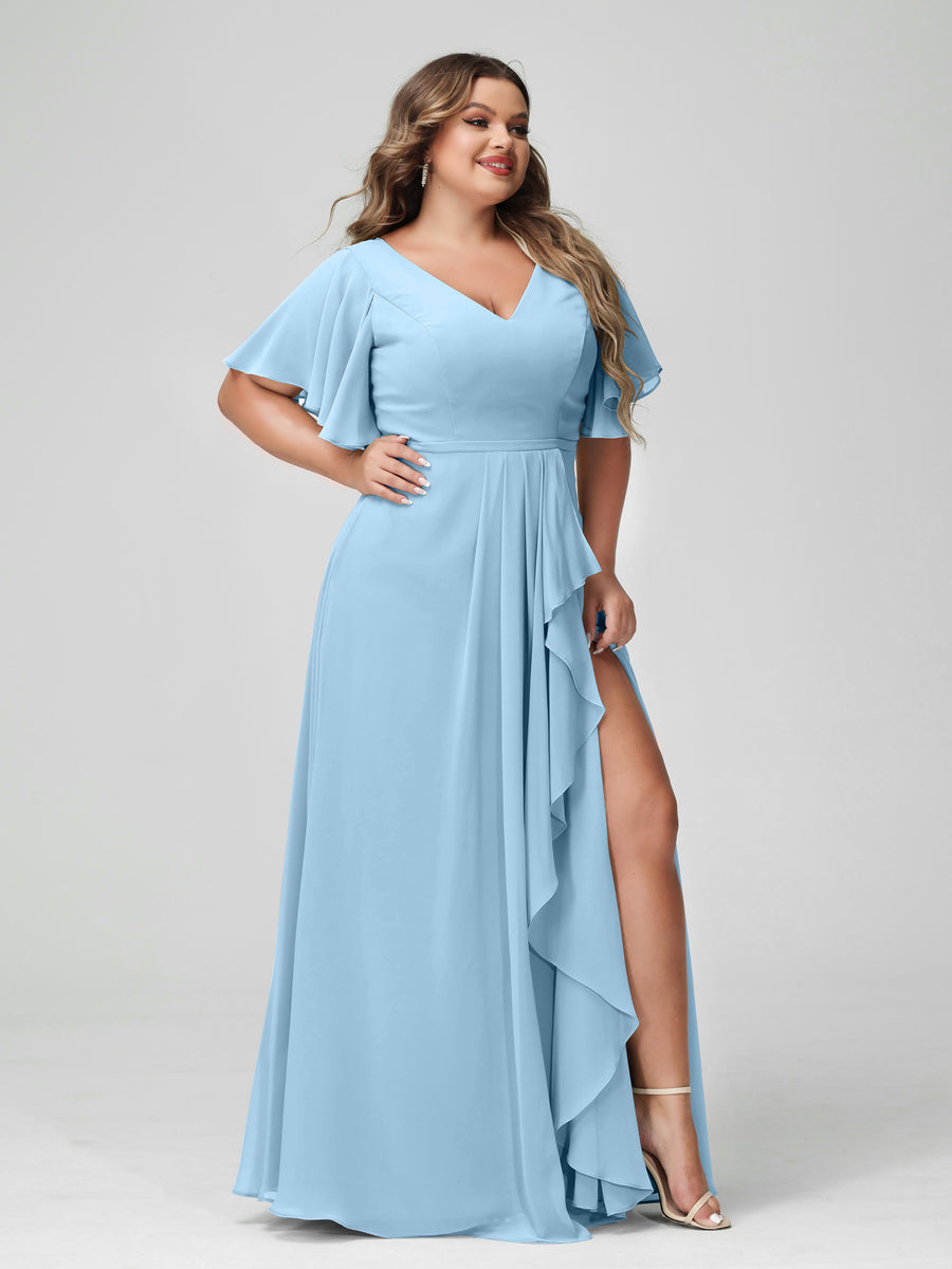 A-Line/Princess/Princess V-Neck Half Sleeves Chiffon Plus Size Bridesmaid Dresses with Split Side & Ruffles