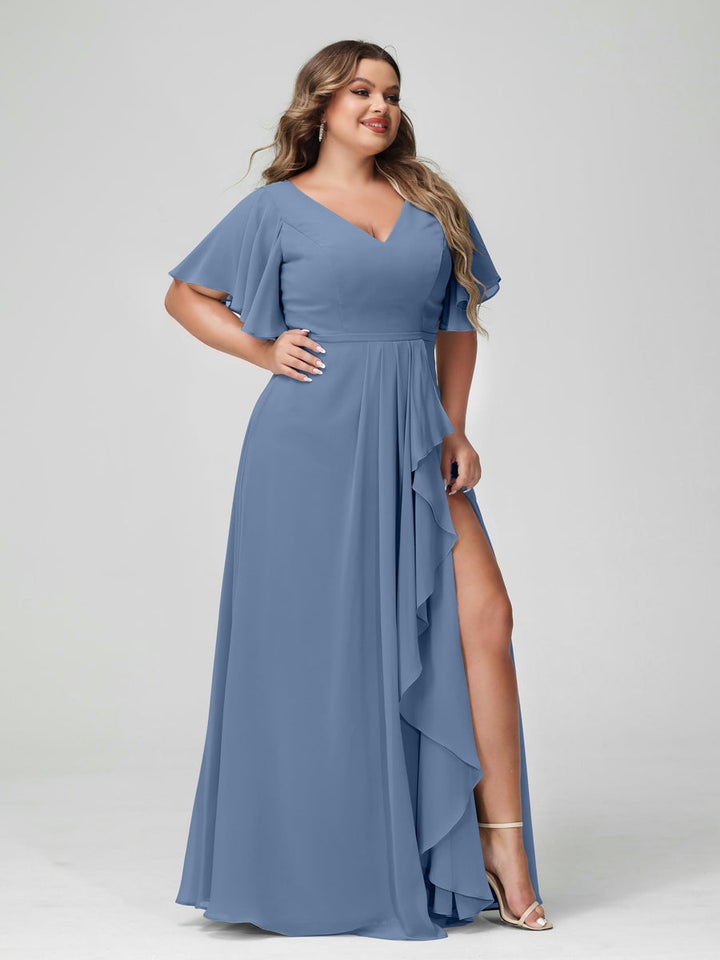 A-Line/Princess/Princess V-Neck Half Sleeves Chiffon Plus Size Bridesmaid Dresses with Split Side & Ruffles