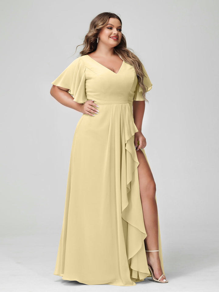 A-Line/Princess/Princess V-Neck Half Sleeves Chiffon Plus Size Bridesmaid Dresses with Split Side & Ruffles