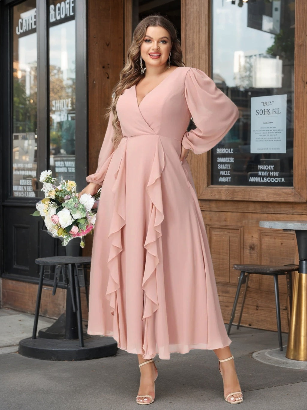 A-Line/Princess V-Neck Long Sleeves Chiffon Tea-Length Plus Size Bride - Mondressy A-Line/Princess V-Neck Long Sleeves Chiffon Tea-Length Plus Size Bride - Mondressy