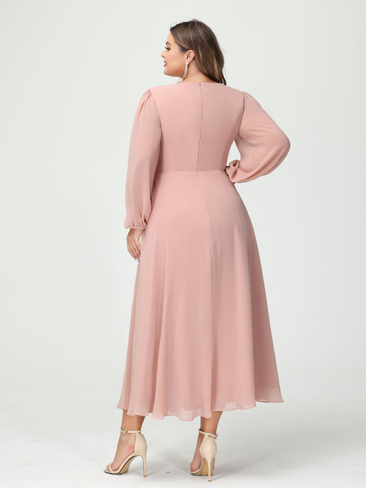 A-Line/Princess/Princess V-Neck Long Sleeves Chiffon Tea-Length Plus Size Bridesmaid Dresses with Pockets & Ruffles