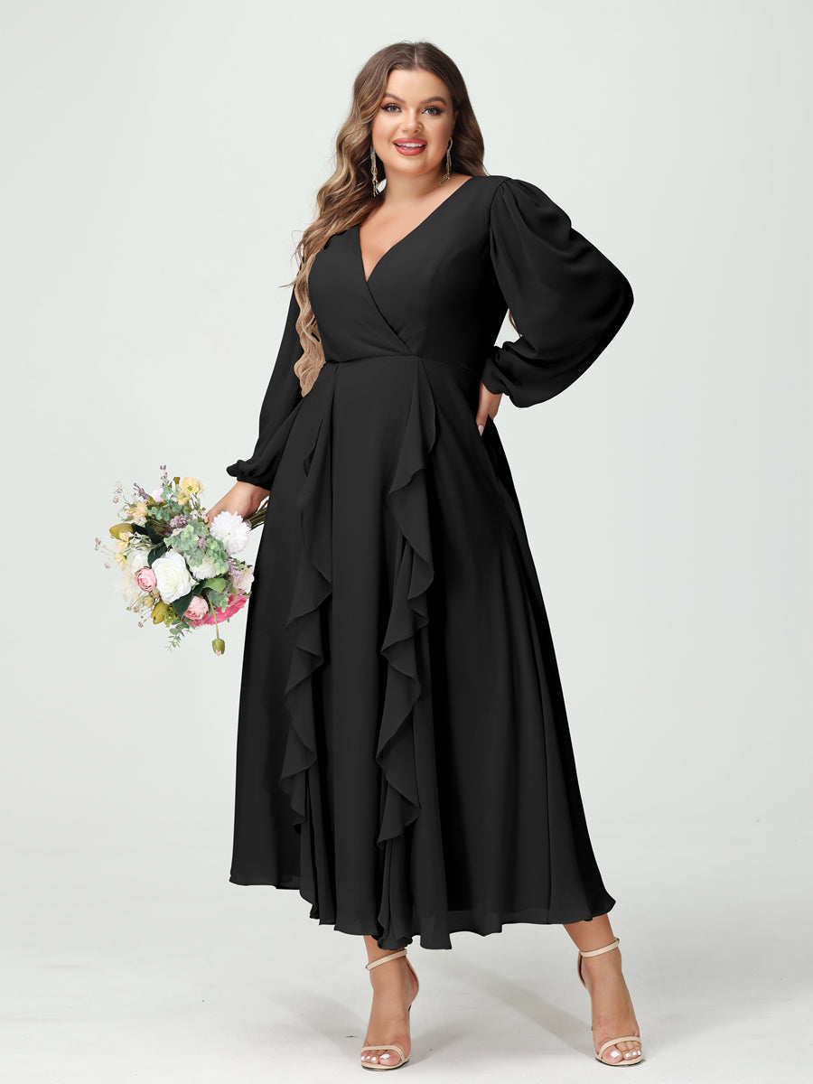 A-Line/Princess V-Neck Long Sleeves Chiffon Tea-Length Plus Size Bridesmaid Dresses with Pockets & Ruffles