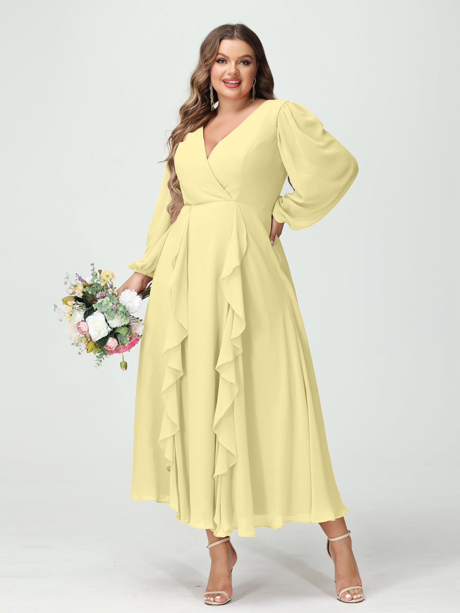 A-Line/Princess/Princess V-Neck Long Sleeves Chiffon Tea-Length Plus Size Bridesmaid Dresses with Pockets & Ruffles