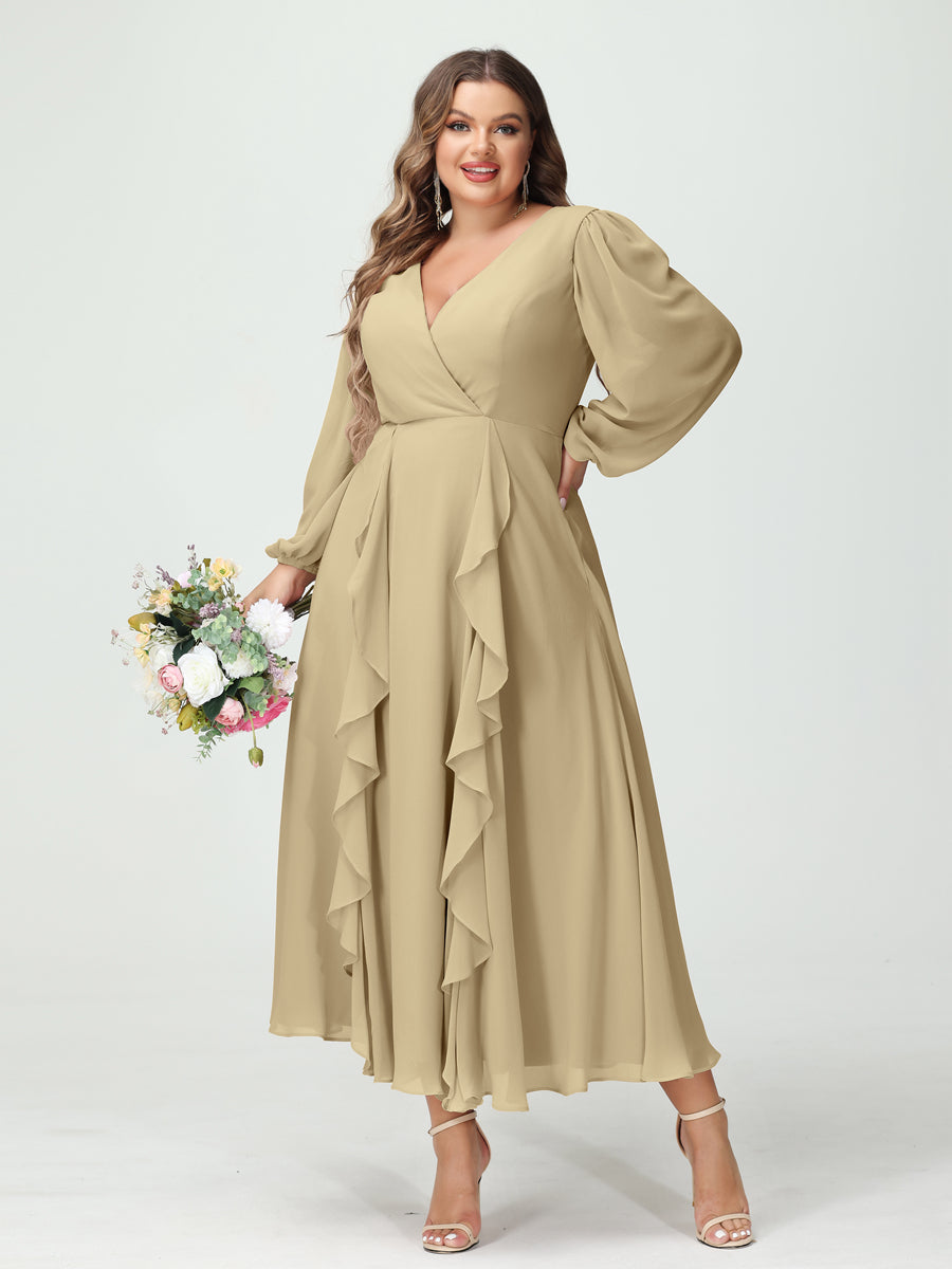 A-Line/Princess V-Neck Long Sleeves Chiffon Tea-Length Plus Size Bridesmaid Dresses with Pockets & Ruffles