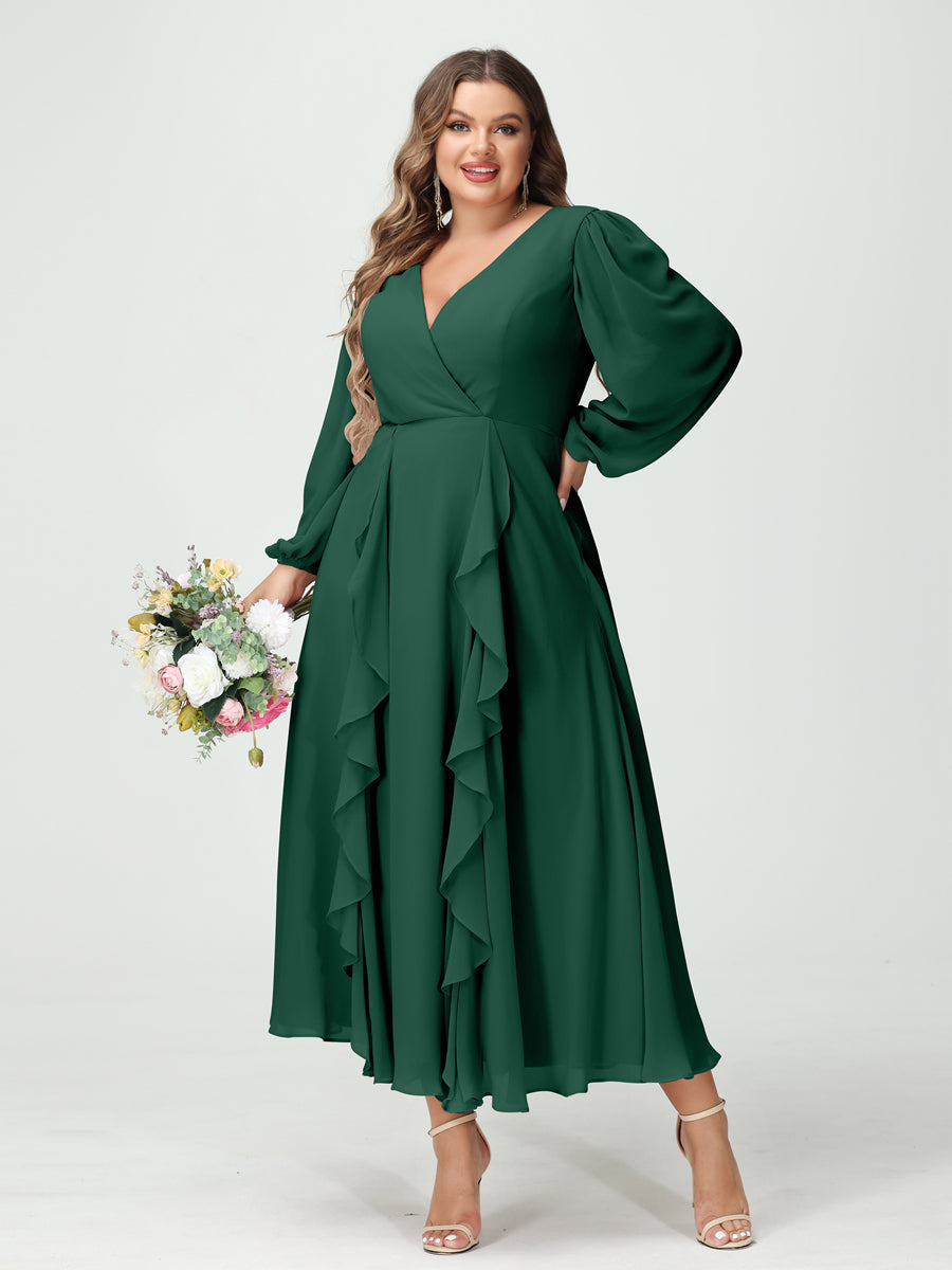 A-Line/Princess V-Neck Long Sleeves Chiffon Tea-Length Plus Size Bridesmaid Dresses with Pockets & Ruffles