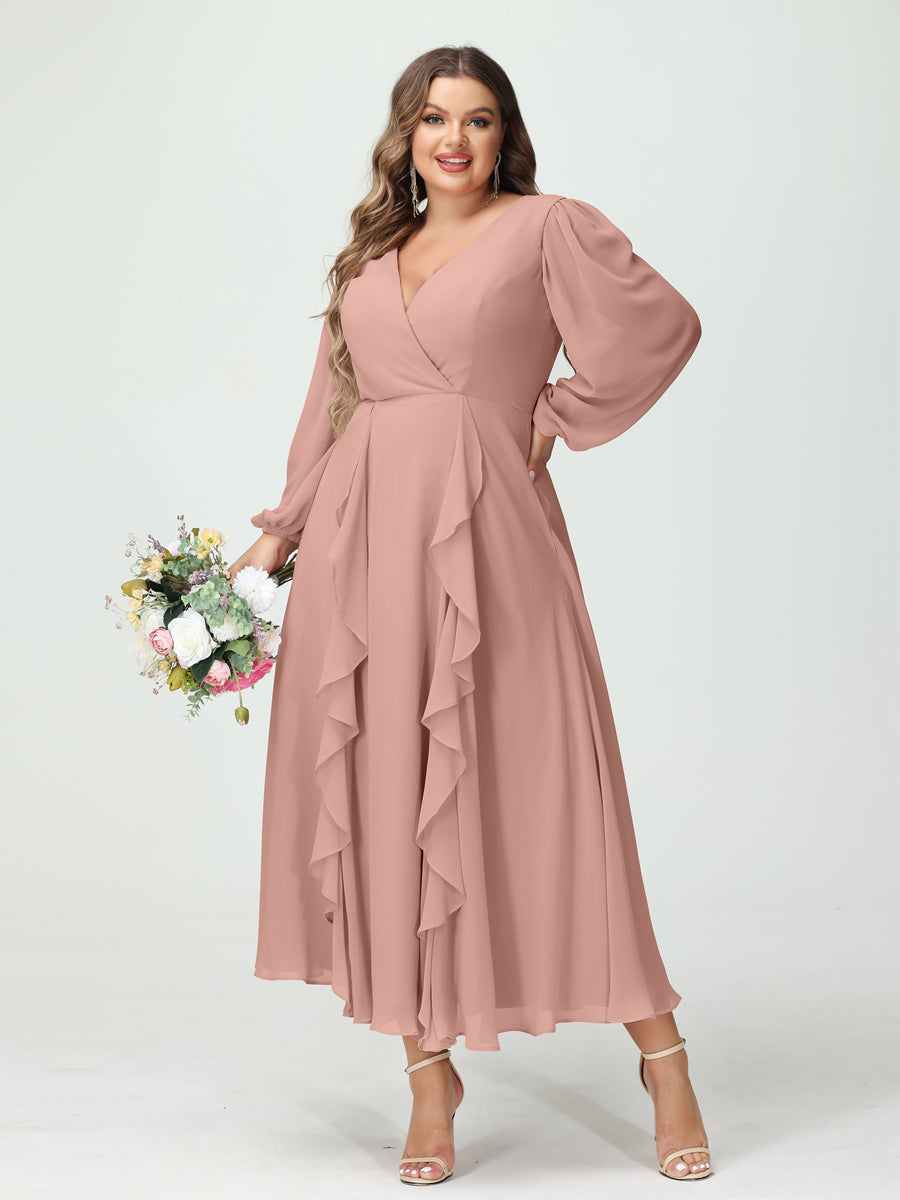 A-Line/Princess V-Neck Long Sleeves Chiffon Tea-Length Plus Size Bridesmaid Dresses with Pockets & Ruffles