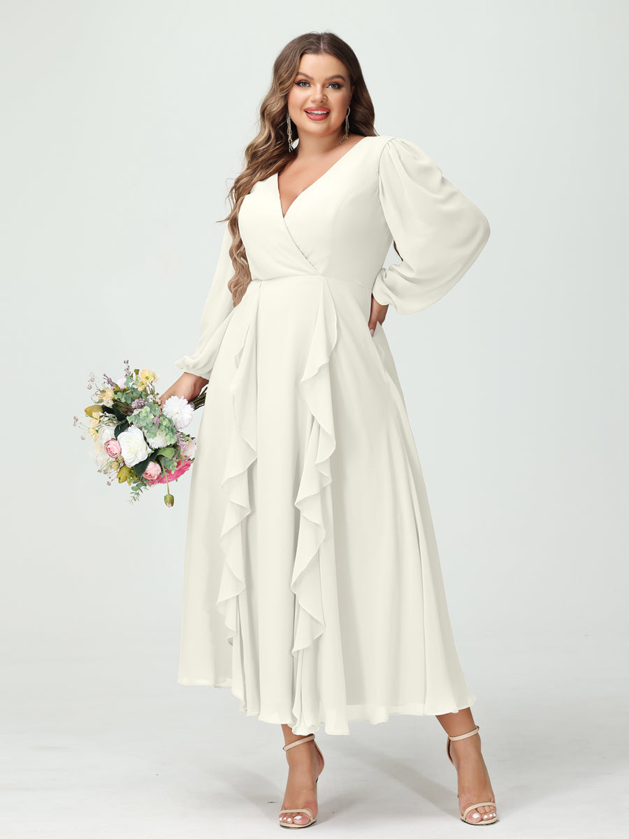 A-Line/Princess/Princess V-Neck Long Sleeves Chiffon Tea-Length Plus Size Bridesmaid Dresses with Pockets & Ruffles