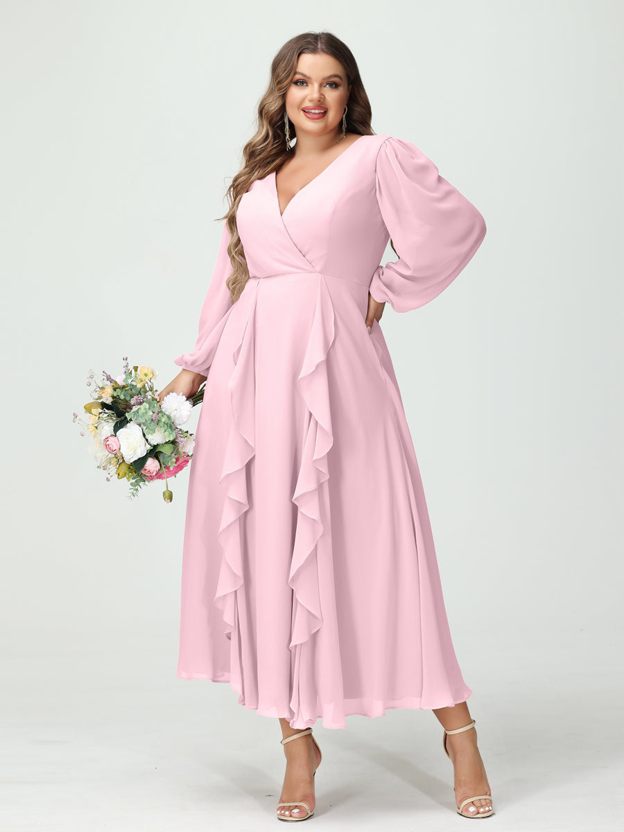 A-Line/Princess V-Neck Long Sleeves Chiffon Tea-Length Plus Size Bridesmaid Dresses with Pockets & Ruffles