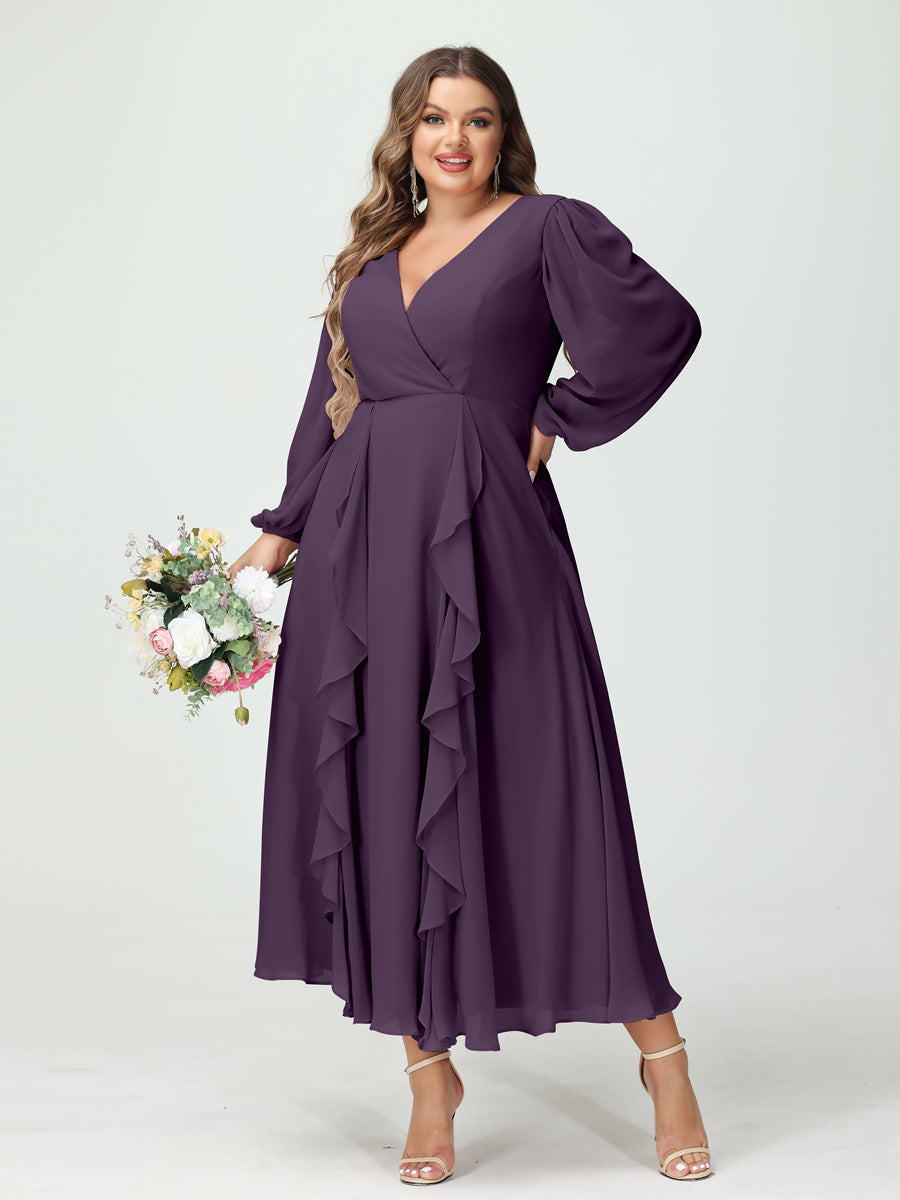 plum tea length bridesmaid dresses Azazie Bondi