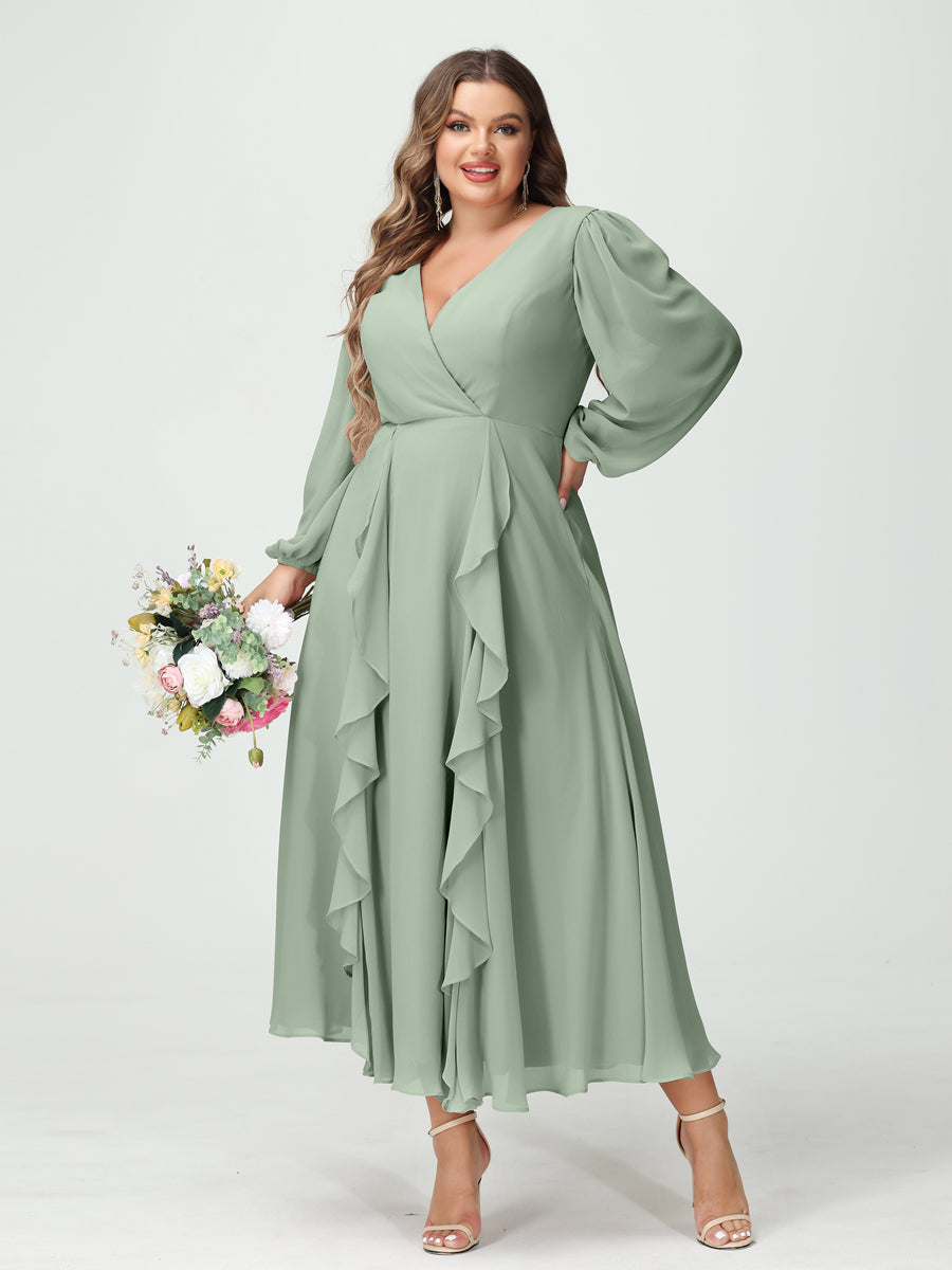 A-Line/Princess V-Neck Long Sleeves Chiffon Tea-Length Plus Size Bridesmaid Dresses with Pockets & Ruffles