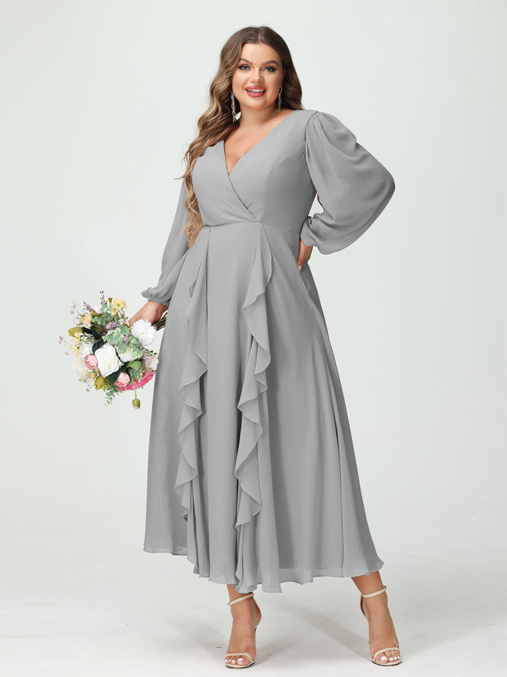 A-Line/Princess/Princess V-Neck Long Sleeves Chiffon Tea-Length Plus Size Bridesmaid Dresses with Pockets & Ruffles