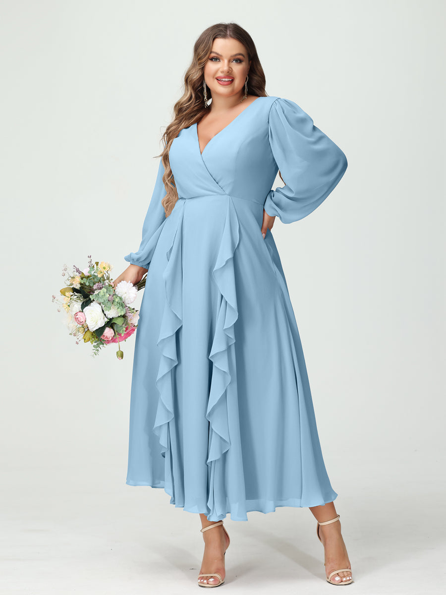 A-Line/Princess V-Neck Long Sleeves Chiffon Tea-Length Plus Size Bridesmaid Dresses with Pockets & Ruffles Sky Blue