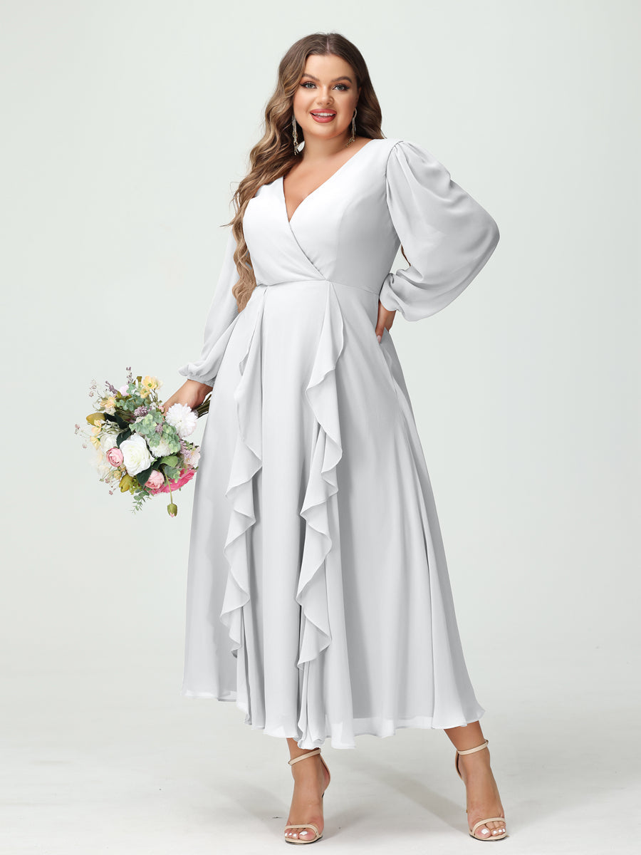 A-Line/Princess V-Neck Long Sleeves Chiffon Tea-Length Plus Size Bridesmaid Dresses with Pockets & Ruffles