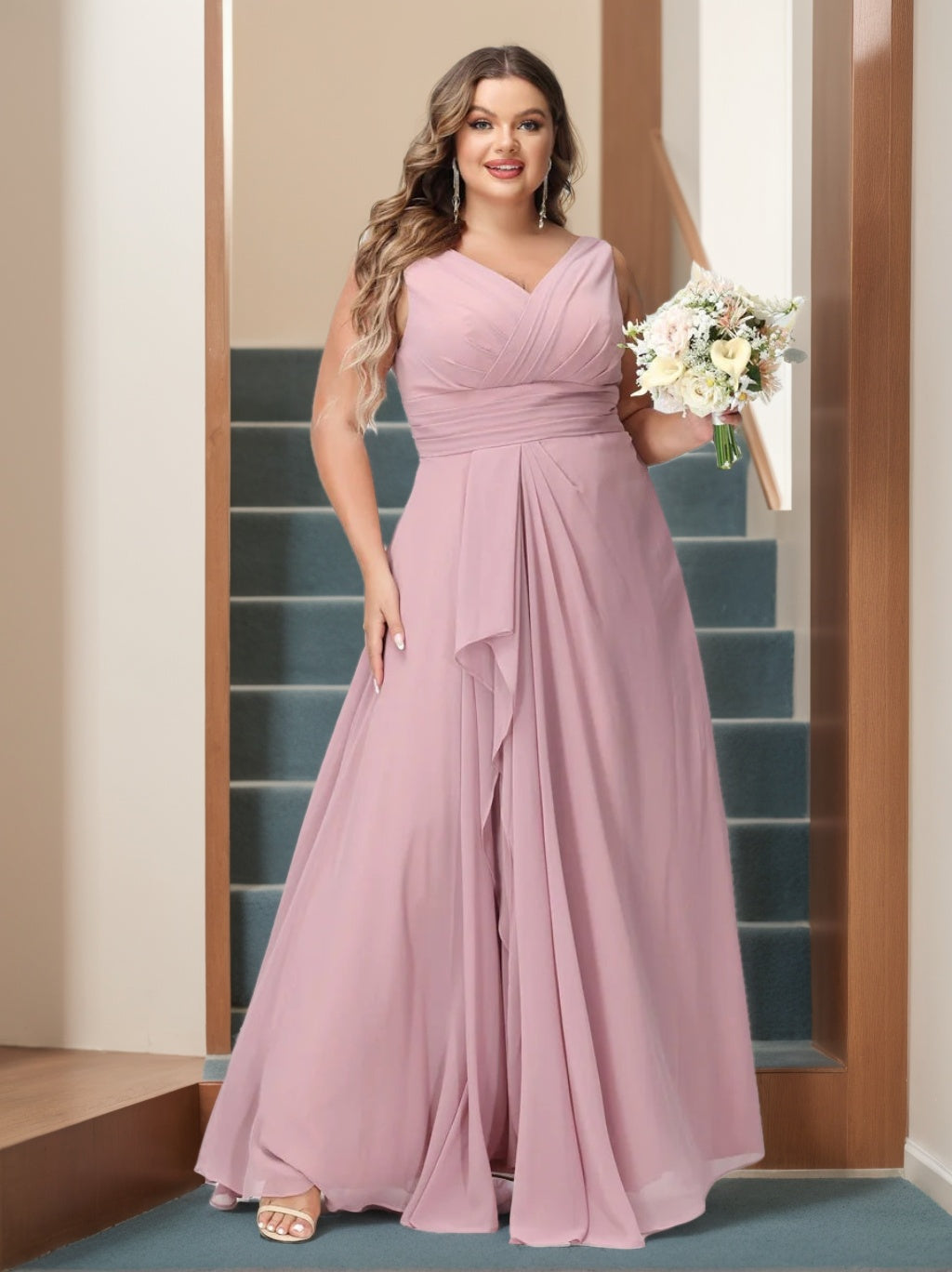 A-Line/Princess/Princess V-Neck Sleeveless Chiffon Ruffles Plus Size Bridesmaid Dresses with Pockets & Ruffles