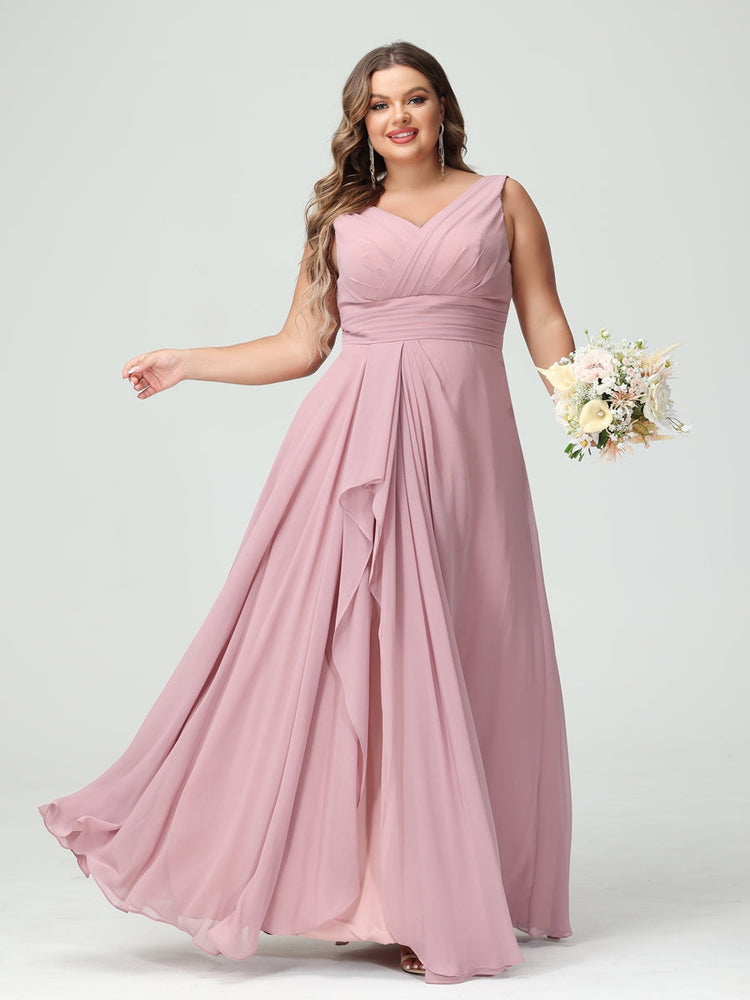 A-Line/Princess/Princess V-Neck Sleeveless Chiffon Ruffles Plus Size Bridesmaid Dresses with Pockets & Ruffles