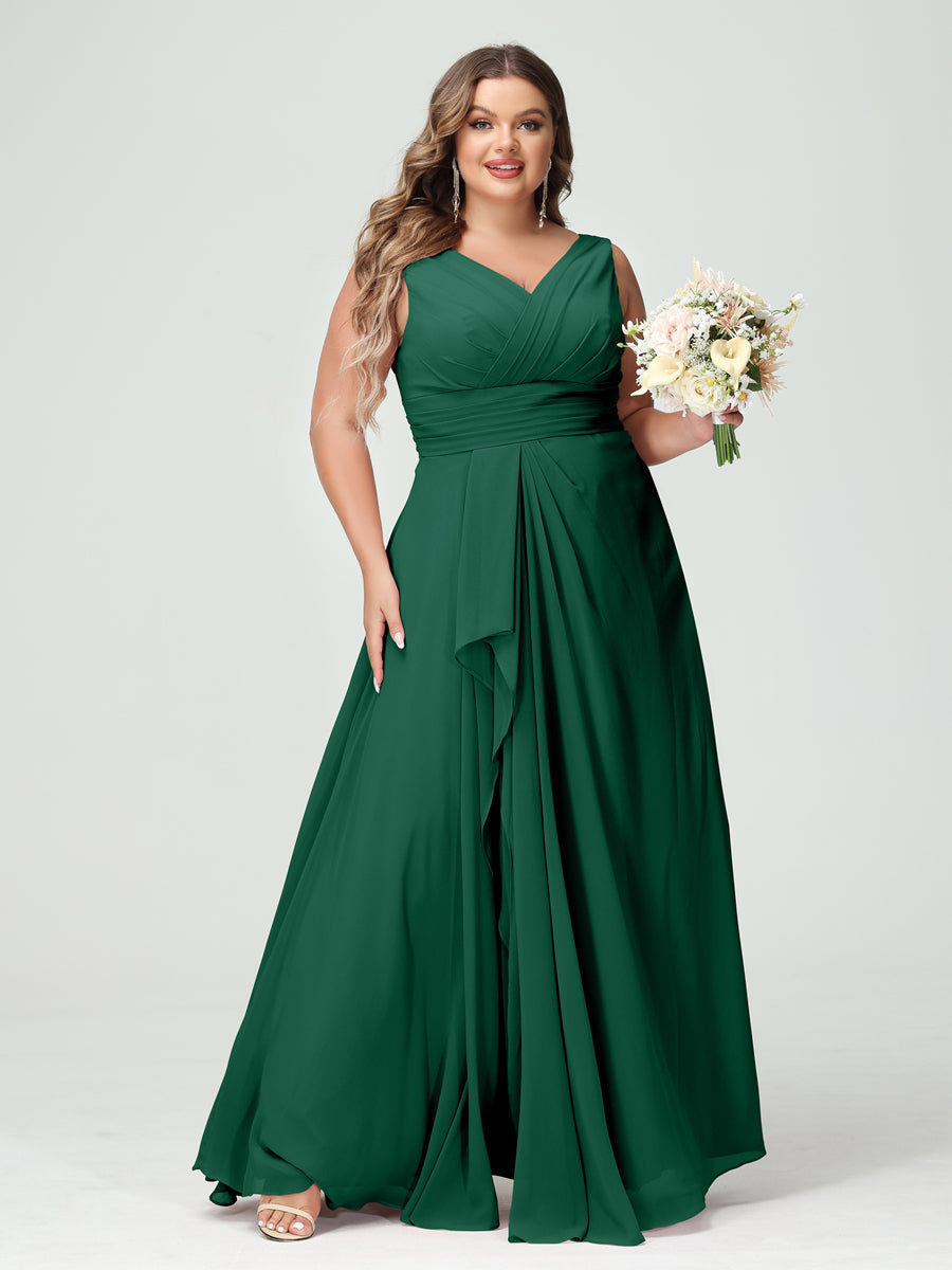 A-Line/Princess/Princess V-Neck Sleeveless Chiffon Ruffles Plus Size Bridesmaid Dresses with Pockets & Ruffles