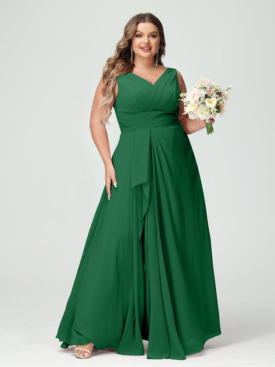 A-Line/Princess/Princess V-Neck Sleeveless Chiffon Ruffles Plus Size Bridesmaid Dresses with Pockets & Ruffles