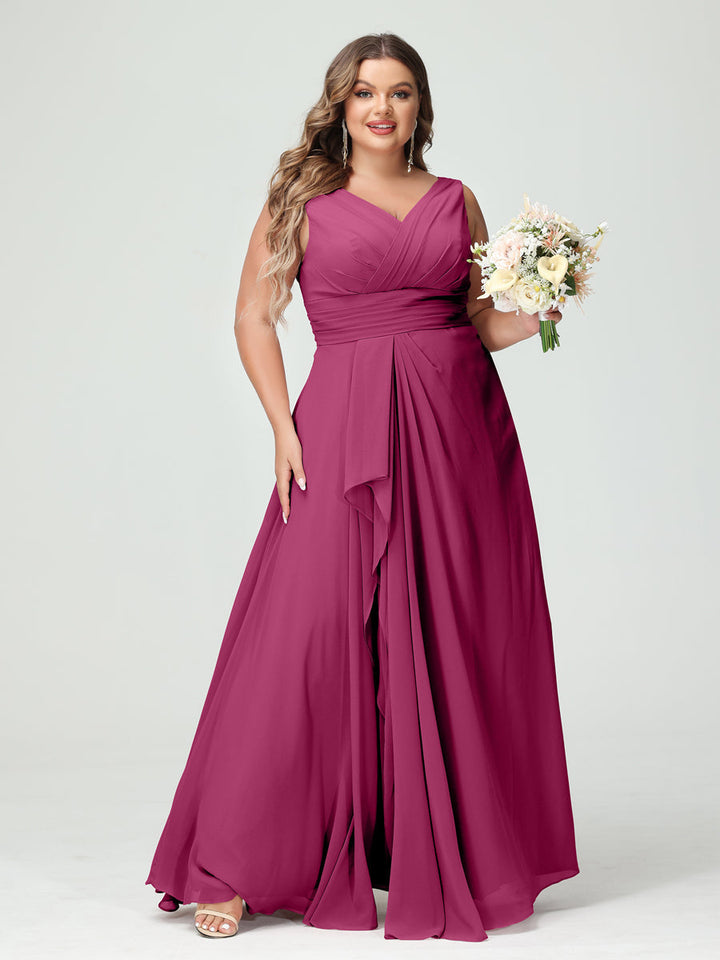 A-Line/Princess/Princess V-Neck Sleeveless Chiffon Ruffles Plus Size Bridesmaid Dresses with Pockets & Ruffles