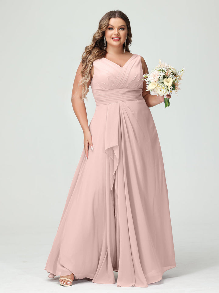 A-Line/Princess/Princess V-Neck Sleeveless Chiffon Ruffles Plus Size Bridesmaid Dresses with Pockets & Ruffles