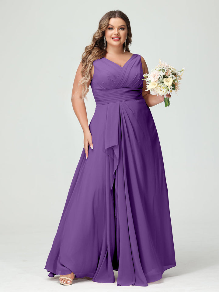 A-Line/Princess/Princess V-Neck Sleeveless Chiffon Ruffles Plus Size Bridesmaid Dresses with Pockets & Ruffles