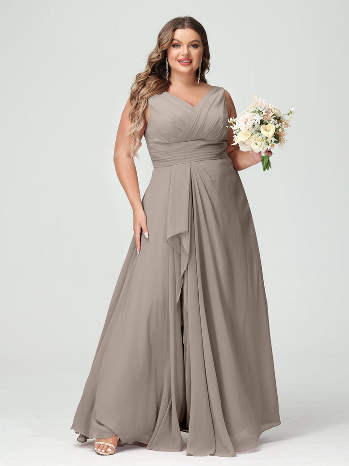 A-Line/Princess/Princess V-Neck Sleeveless Chiffon Ruffles Plus Size Bridesmaid Dresses with Pockets & Ruffles