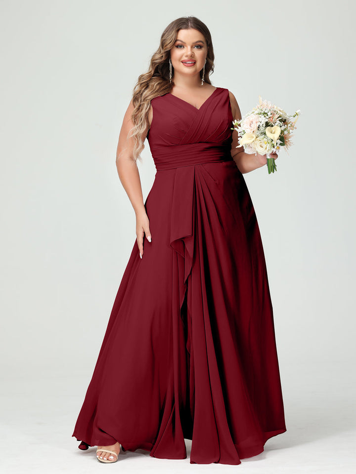 A-Line/Princess/Princess V-Neck Sleeveless Chiffon Ruffles Plus Size Bridesmaid Dresses with Pockets & Ruffles